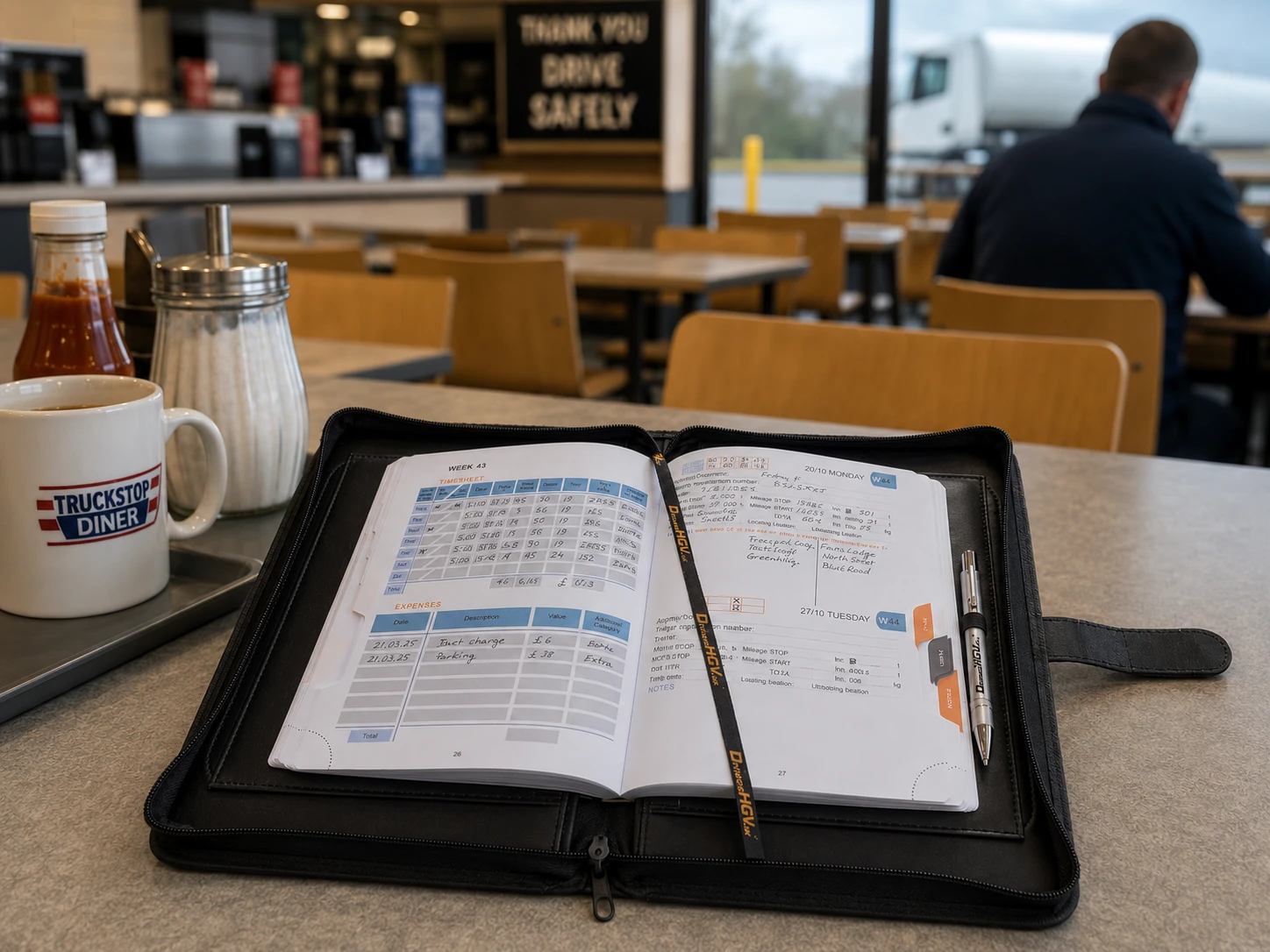 HGV Drivers Diary folder used at a truckstop diner while waiting for loading